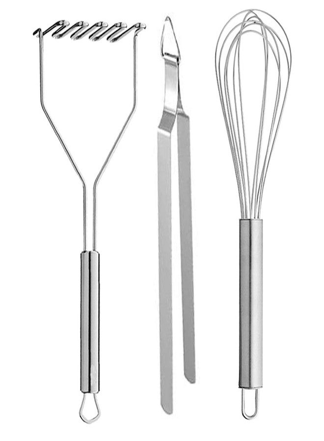 Oc9 Stainless Steel Potato Masher/Pav Bhaji Masher & Roti Chimta/Utility Tong & Egg Whisk/Egg Beater for Kitchen Tool Set - Image 1